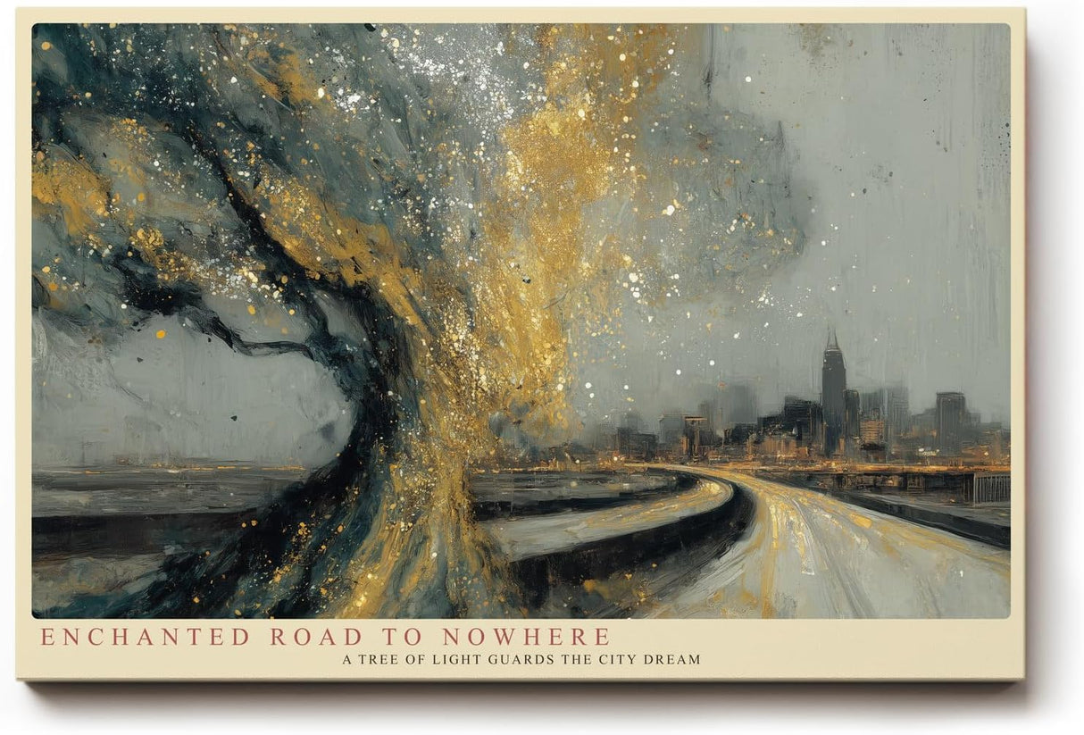 Paul Sinus Wandbild 120x80cm abstrakte Stadt Landschaft Baum gold grau moderne Kunst Kunstdruck grosses Kunstbild elegante Wanddekoration fuer Wohnzimmer Büro Flur