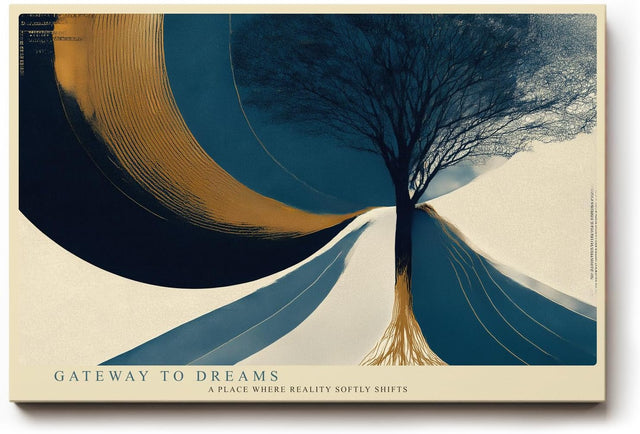 Paul Sinus Wandbild 120x80cm abstrakter Baum moderne Landschaft Kunst blau gold grafisches Design stilvolle Wanddekoration fuer Wohnzimmer Büro