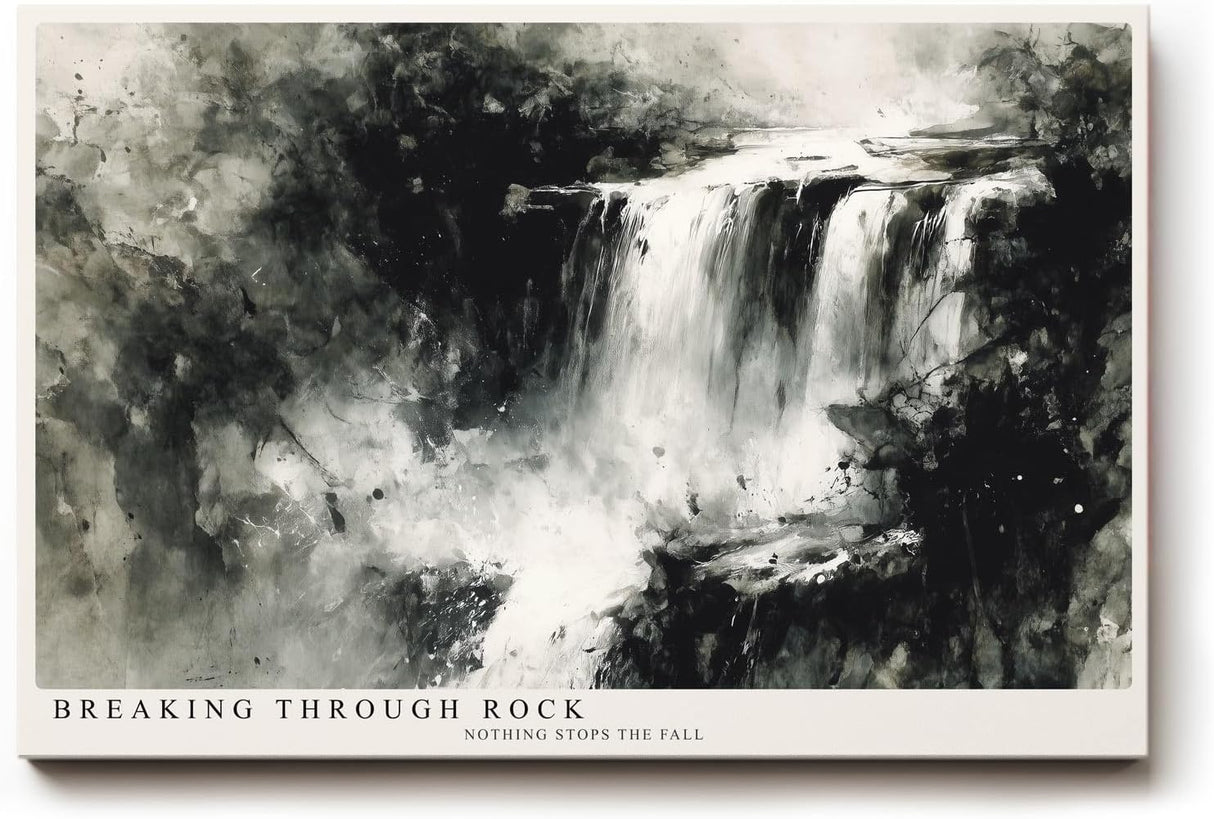 Paul Sinus Wandbild 120x80cm abstrakter Wasserfall monochrom moderne Naturkunst schwarz weiss dynamische Landschaftsmalerei grosses Kunstbild Wanddekoration fuer Wohnzimmer Büro Flur