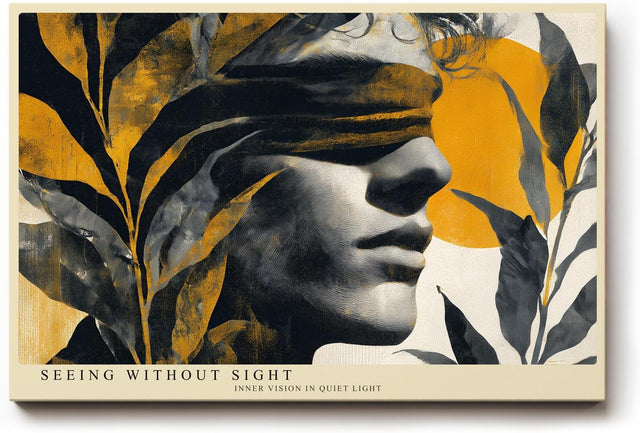 Paul Sinus Wandbild 120x80cm abstraktes Frauenportrait mit Pflanzen und Sonne moderne Kunst in Schwarz Gelb Beige Leinwand Wanddekoration fuer Wohnzimmer Büro