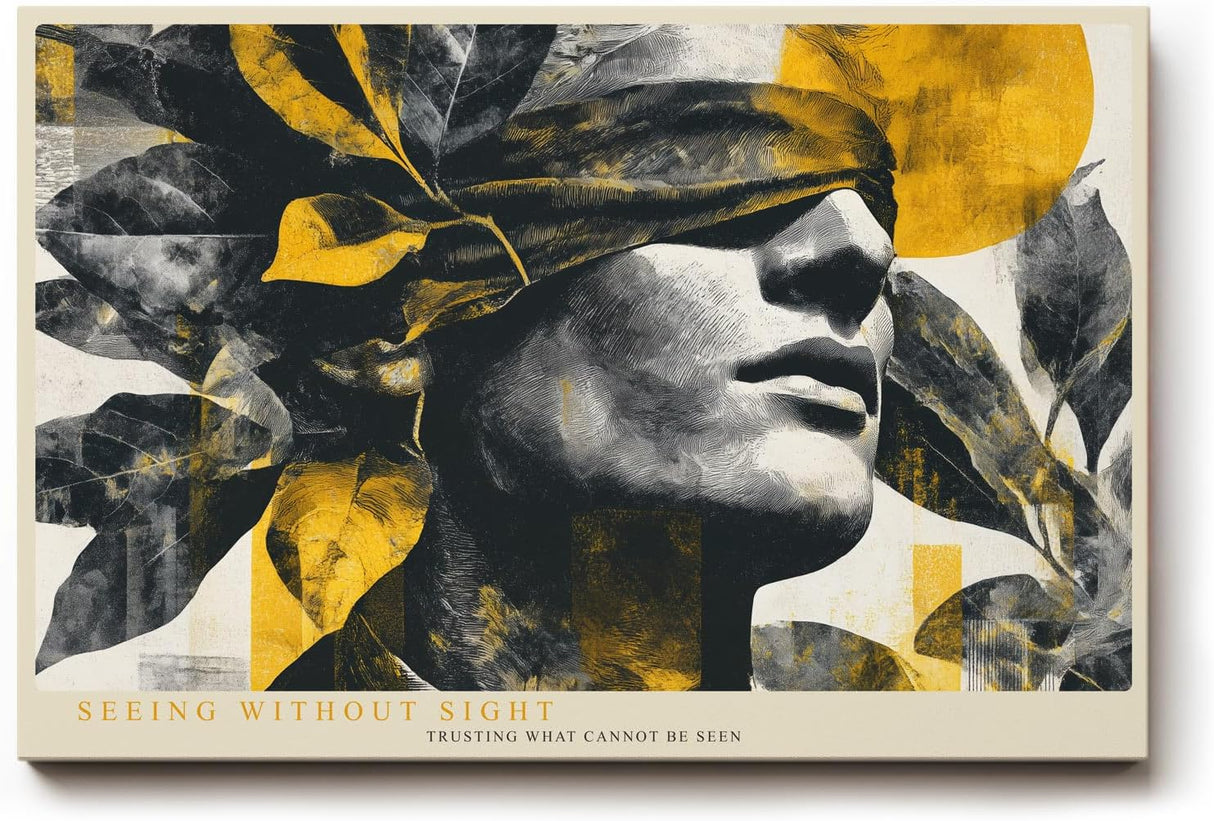 Paul Sinus Wandbild 120x80cm abstraktes Frauenportrait modern schwarz gold Kunst Gesicht mit Blaettern stilvolle Wanddekoration fuer Wohnzimmer Büro