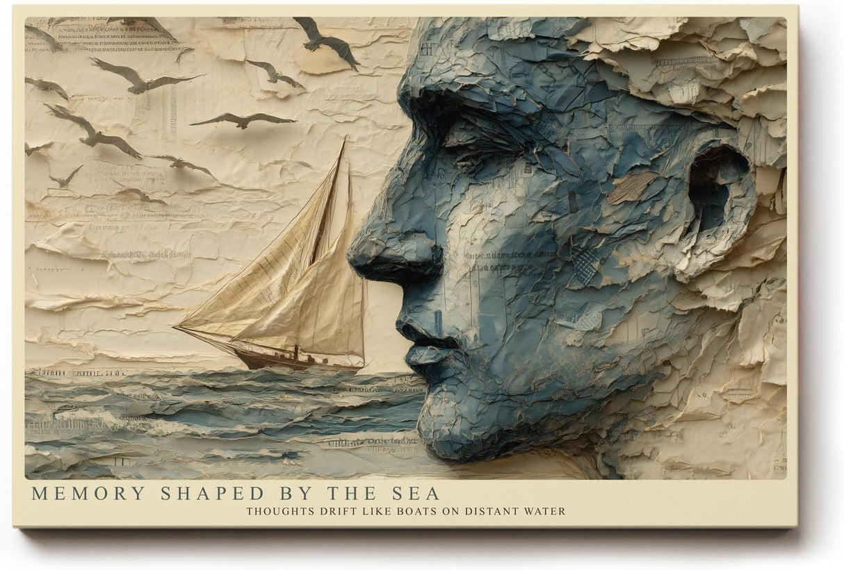Paul Sinus Wandbild 120x80cm abstraktes Gesicht Meer Segelboot moderne Kunst blau beige Kunstdruck grosses Kunstbild atmosphaerische Wanddekoration fuer Wohnzimmer Büro