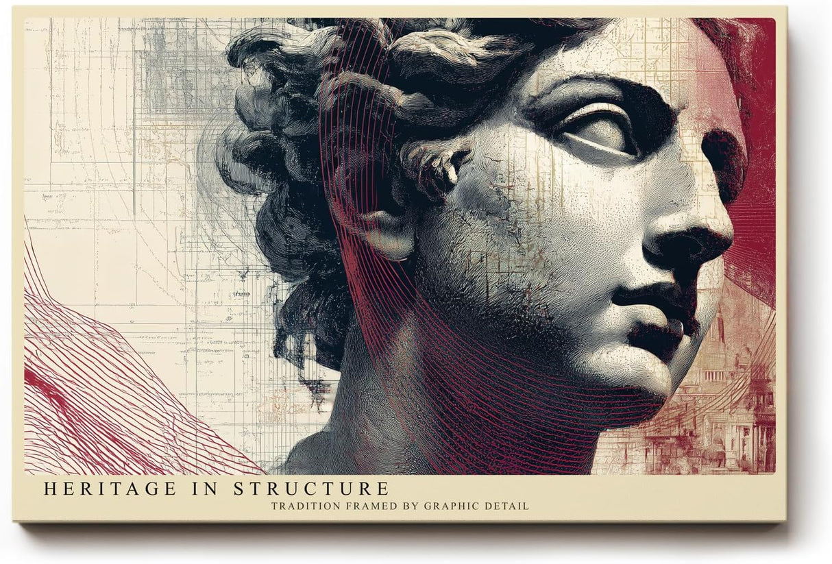 Paul Sinus Wandbild 120x80cm antike Skulptur mit grafischen Linien moderne Kunst Collage in Grau Rot Beige Leinwand Wanddekoration fuer Wohnzimmer Büro