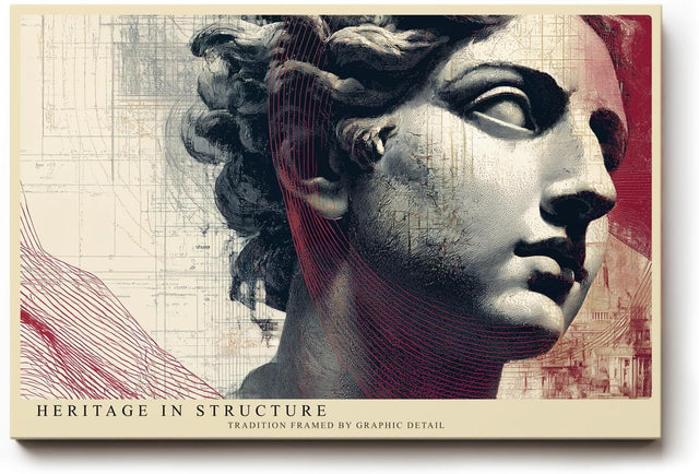Paul Sinus Wandbild 120x80cm antike Skulptur mit grafischen Linien moderne Kunst Collage in Grau Rot Beige Leinwand Wanddekoration fuer Wohnzimmer Büro