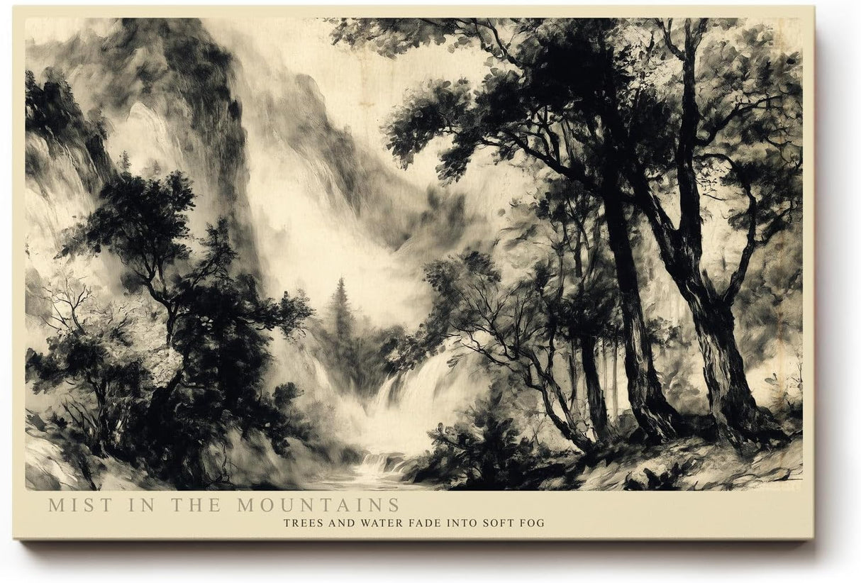 Paul Sinus Wandbild 120x80cm asiatische Landschaft Tuschemalerei Berge Nebel Kunstdruck grosses Wandbild 120x80cm ruhige Wanddekoration fuer Wohnzimmer Büro