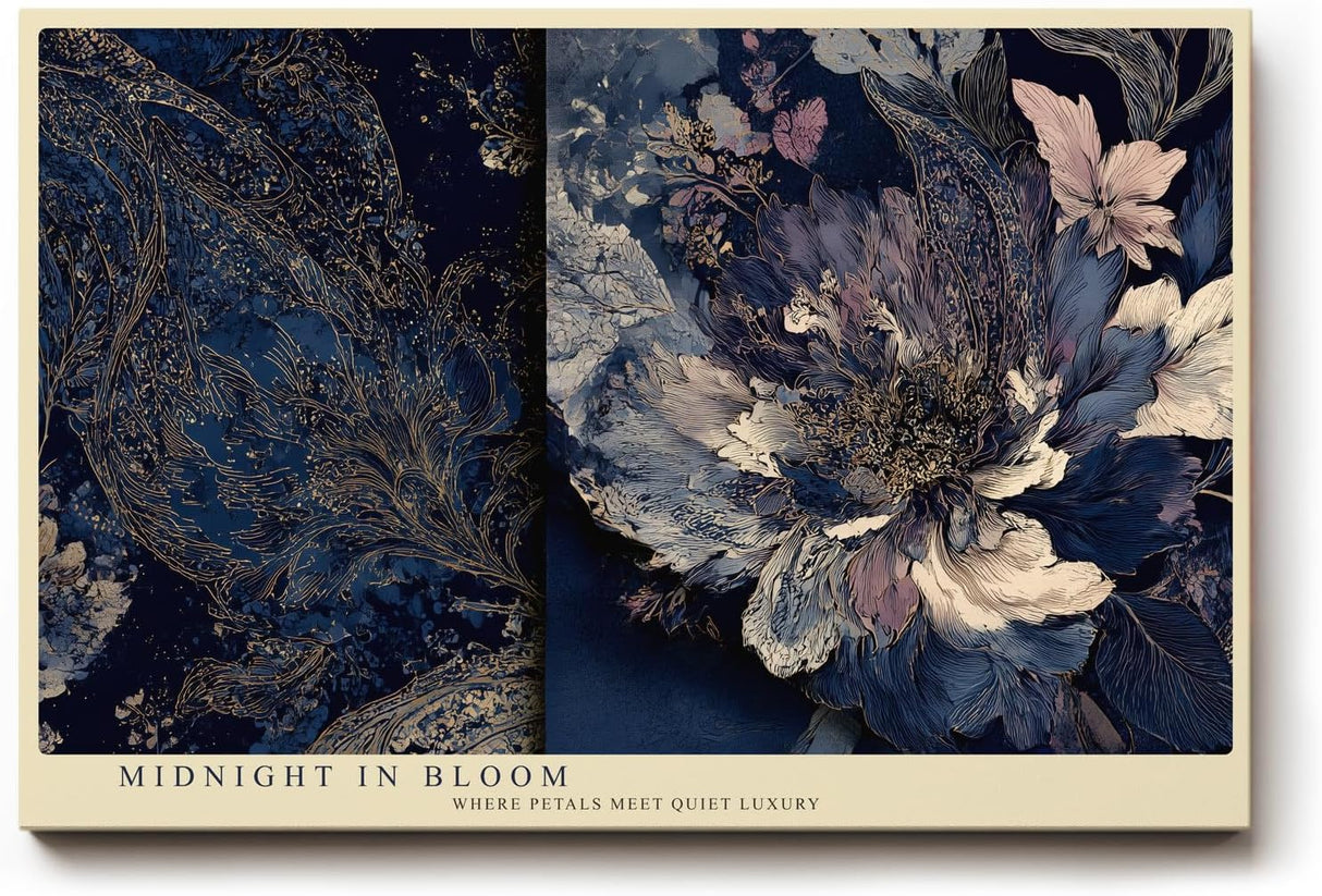 Paul Sinus Wandbild 120x80cm blaue Blumen abstrakte florale Kunst dunkelblau gold elegante Wanddekoration fuer Wohnzimmer Büro