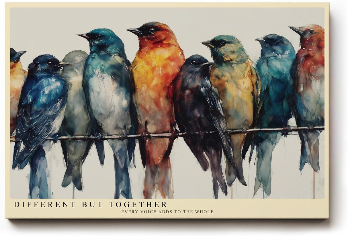 Paul Sinus Wandbild 120x80cm bunte Voegel auf Draht moderne Aquarell Kunst farbenfrohe Tierillustration harmonische Wanddekoration fuer Wohnzimmer Büro