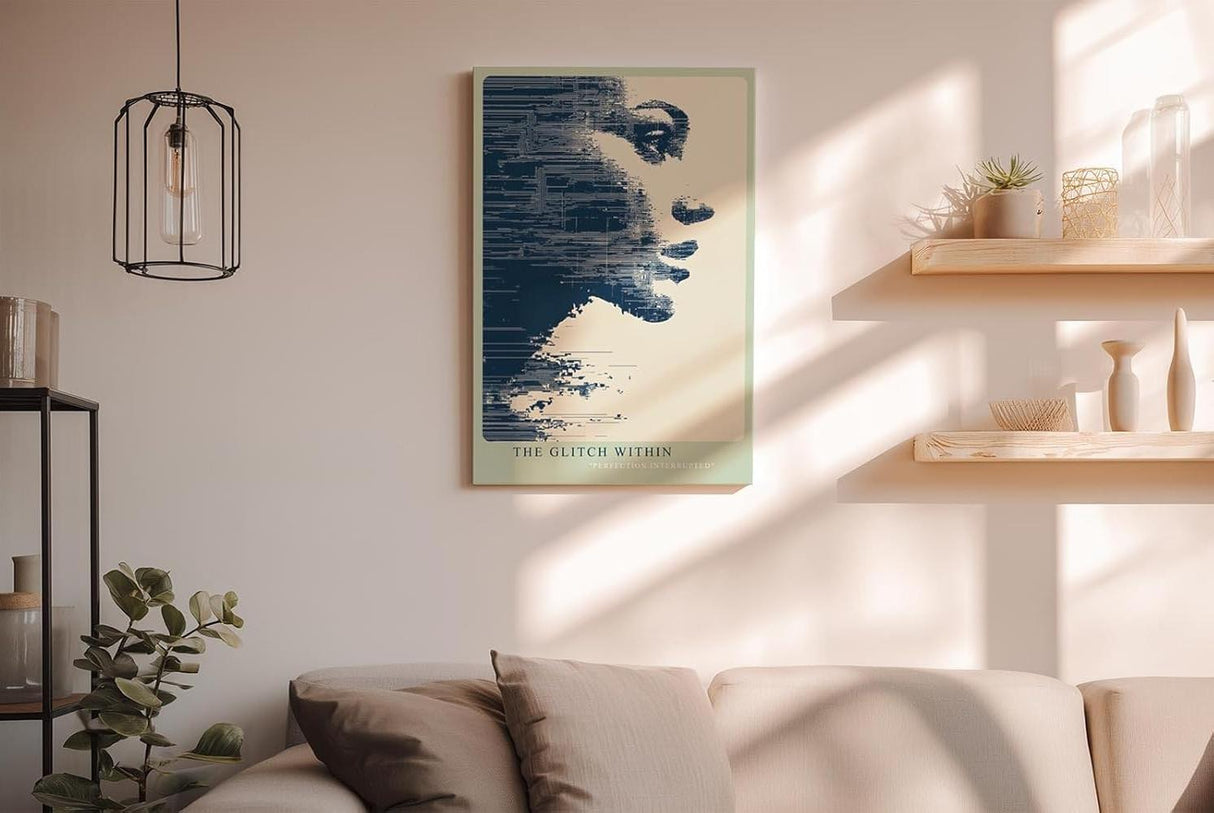 Paul Sinus Wandbild in 40x60cm digitales Porträt mit Glitch-Effekt – abstraktes Kunstmotiv in Blauund Beigetönen