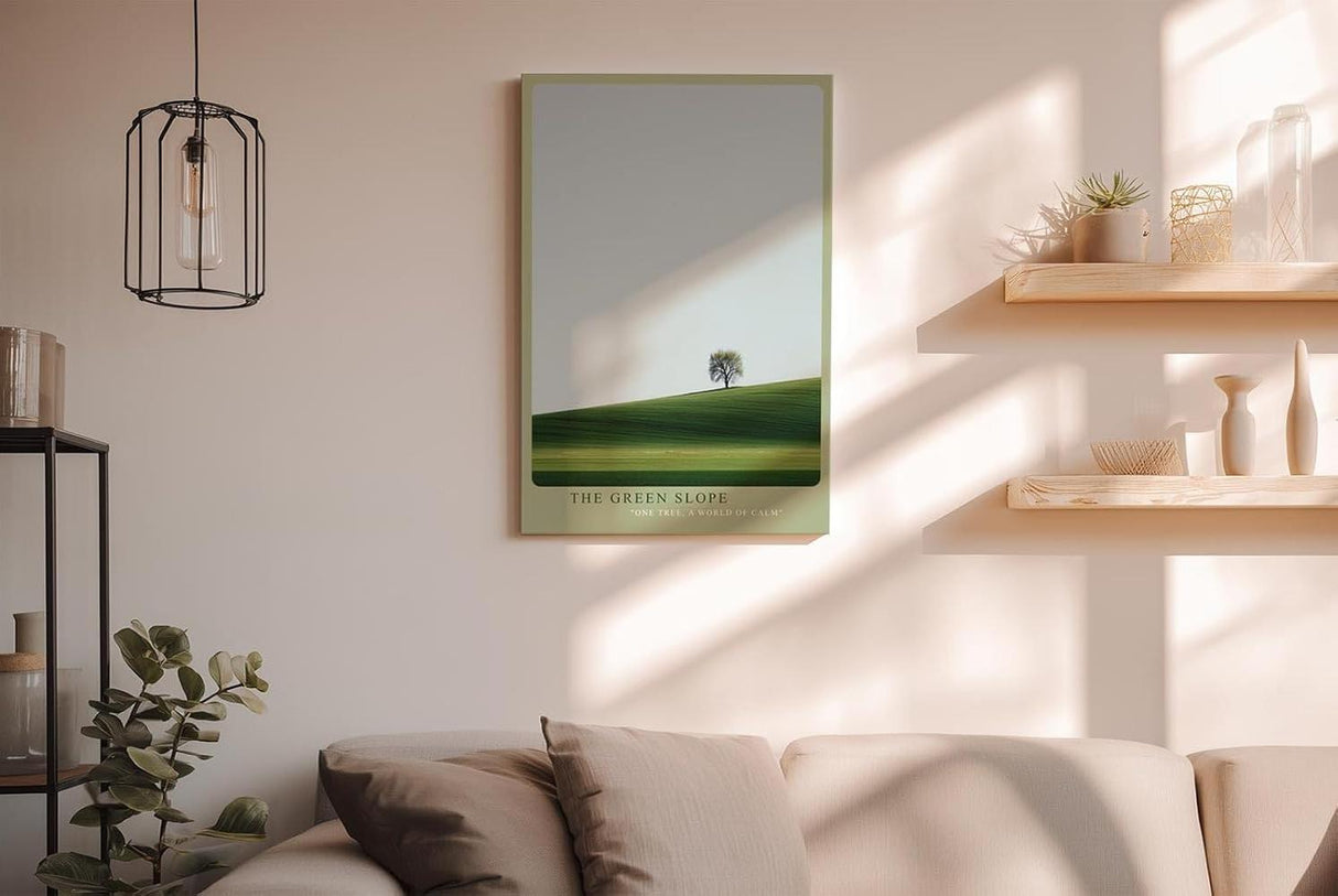 Paul Sinus Wandbild in 40x60cm einzelner Baum auf grüner Hügellandschaft – minimalistisches Naturmotiv für moderne Raumgestaltung