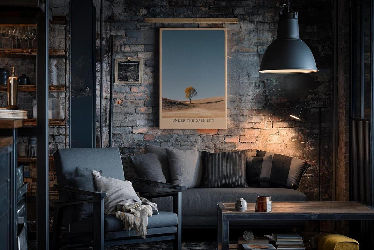 Paul Sinus Wandbild in 40x60cm einzelner Baum auf weiter Landschaft unter blauem Himmel – minimalistisches Naturmotiv für moderne Wohnräume
