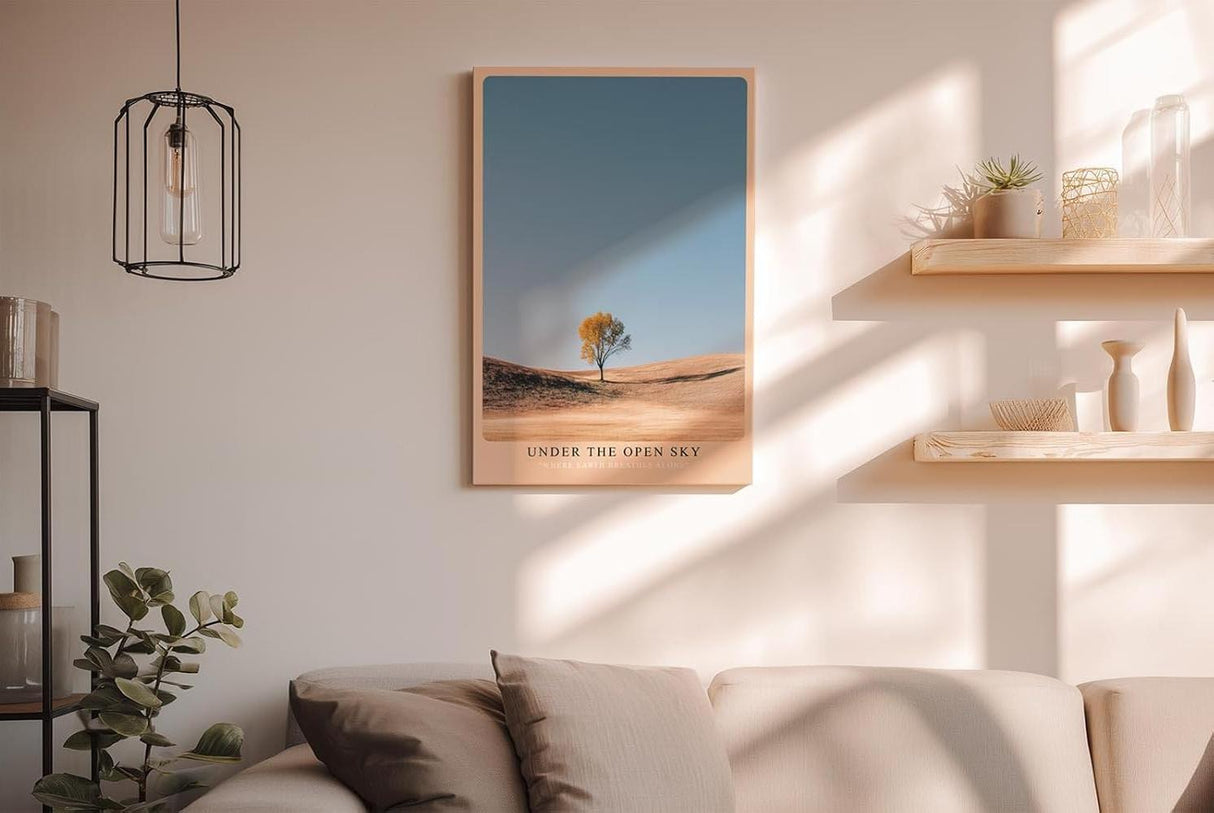Paul Sinus Wandbild in 40x60cm einzelner Baum auf weiter Landschaft unter blauem Himmel – minimalistisches Naturmotiv für moderne Wohnräume