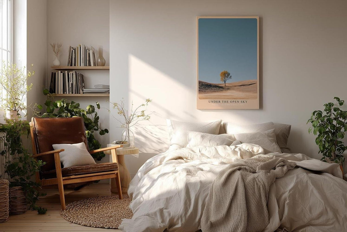 Paul Sinus Wandbild in 40x60cm einzelner Baum auf weiter Landschaft unter blauem Himmel – minimalistisches Naturmotiv für moderne Wohnräume