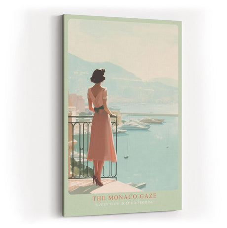 Paul Sinus Wandbild in 40x60cm elegante Frau mit Blick auf Yachthafen von Monaco in pastelligen Farben – stilvolles Retro-Reiseposter für zeitlose Wohnakzente
