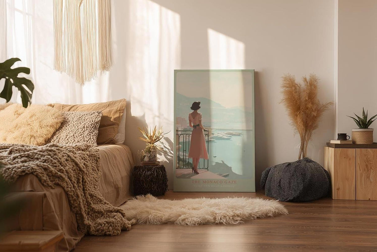Paul Sinus Wandbild in 40x60cm elegante Frau mit Blick auf Yachthafen von Monaco in pastelligen Farben – stilvolles Retro-Reiseposter für zeitlose Wohnakzente