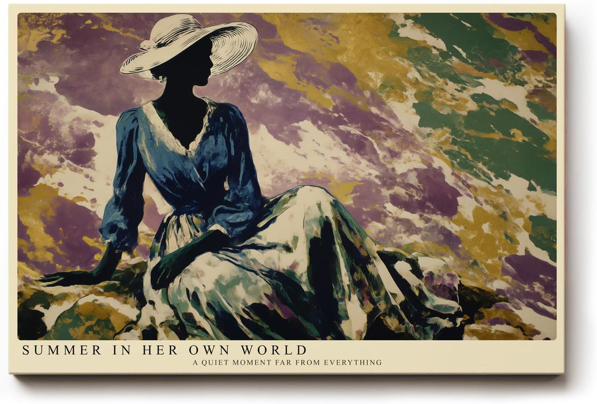 Paul Sinus Wandbild 120x80cm elegante Frau mit Hut moderne Malerei bunt sommerliche Kunstfigur grosses Kunstbild stilvolle Wanddekoration fuer Wohnzimmer