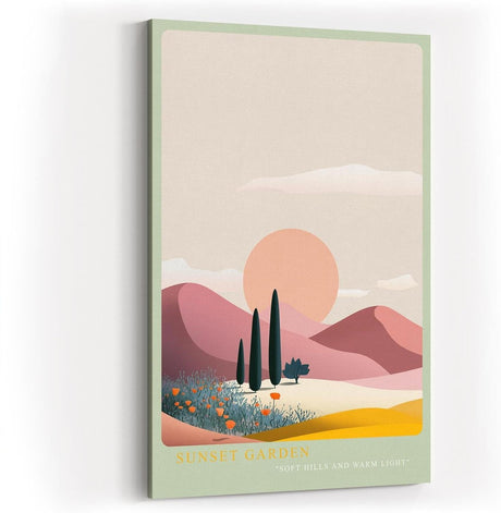 Paul Sinus Wandbild in 40x60cm farbenfrohe Hügellandschaft bei Sonnenuntergang – stilisierte Naturdarstellung in sanften Pastelltönen