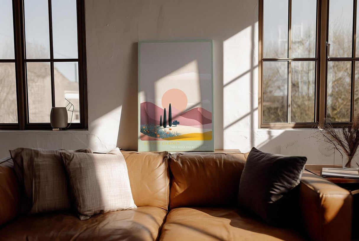 Paul Sinus Wandbild in 40x60cm farbenfrohe Hügellandschaft bei Sonnenuntergang – stilisierte Naturdarstellung in sanften Pastelltönen