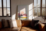 Paul Sinus Wandbild in 40x60cm farbenfrohe Hügellandschaft bei Sonnenuntergang – stilisierte Naturdarstellung in sanften Pastelltönen