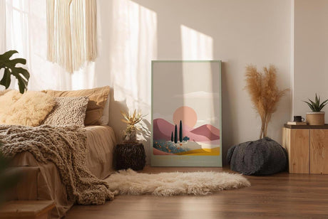 Paul Sinus Wandbild in 40x60cm farbenfrohe Hügellandschaft bei Sonnenuntergang – stilisierte Naturdarstellung in sanften Pastelltönen