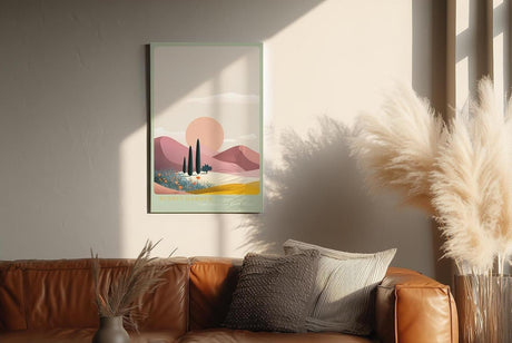 Paul Sinus Wandbild in 40x60cm farbenfrohe Hügellandschaft bei Sonnenuntergang – stilisierte Naturdarstellung in sanften Pastelltönen