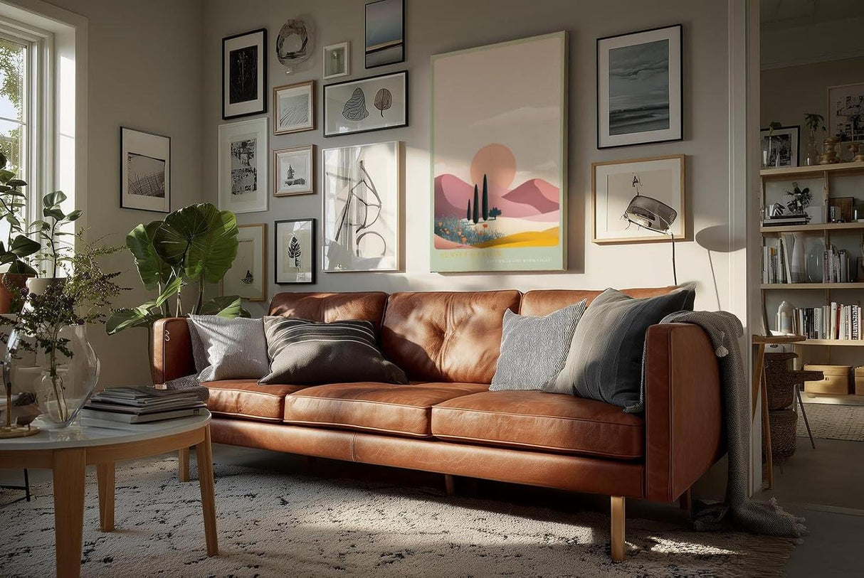 Paul Sinus Wandbild in 40x60cm farbenfrohe Hügellandschaft bei Sonnenuntergang – stilisierte Naturdarstellung in sanften Pastelltönen