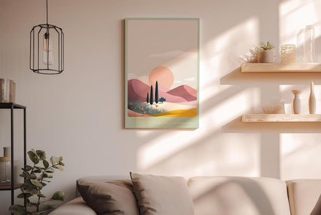 Paul Sinus Wandbild in 40x60cm farbenfrohe Hügellandschaft bei Sonnenuntergang – stilisierte Naturdarstellung in sanften Pastelltönen