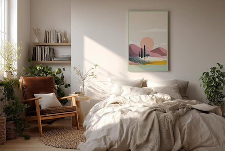 Paul Sinus Wandbild in 40x60cm farbenfrohe Hügellandschaft bei Sonnenuntergang – stilisierte Naturdarstellung in sanften Pastelltönen