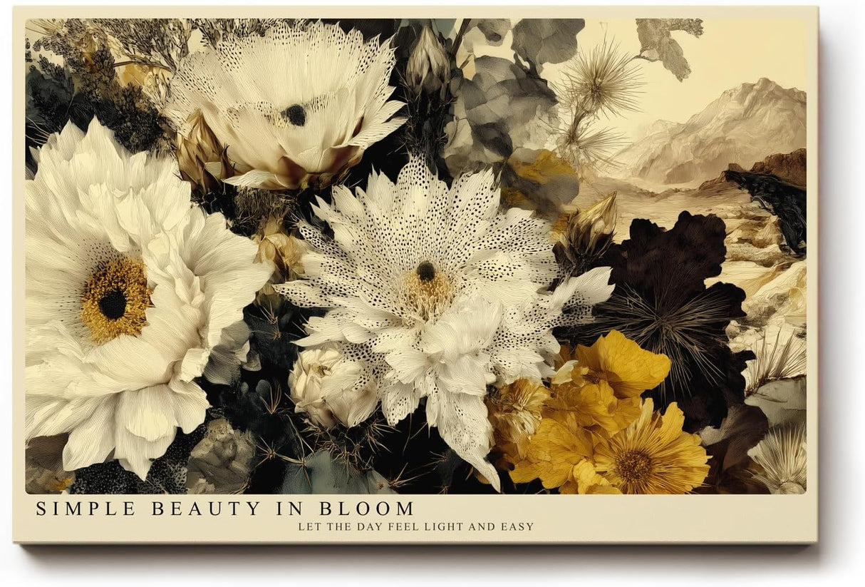 Paul Sinus Wandbild 120x80cm florale Vintage Blumenkomposition creme weiss gold botanische Kunst Leinwand Wanddekoration elegantes Blumenbild fuer Wohnzimmer