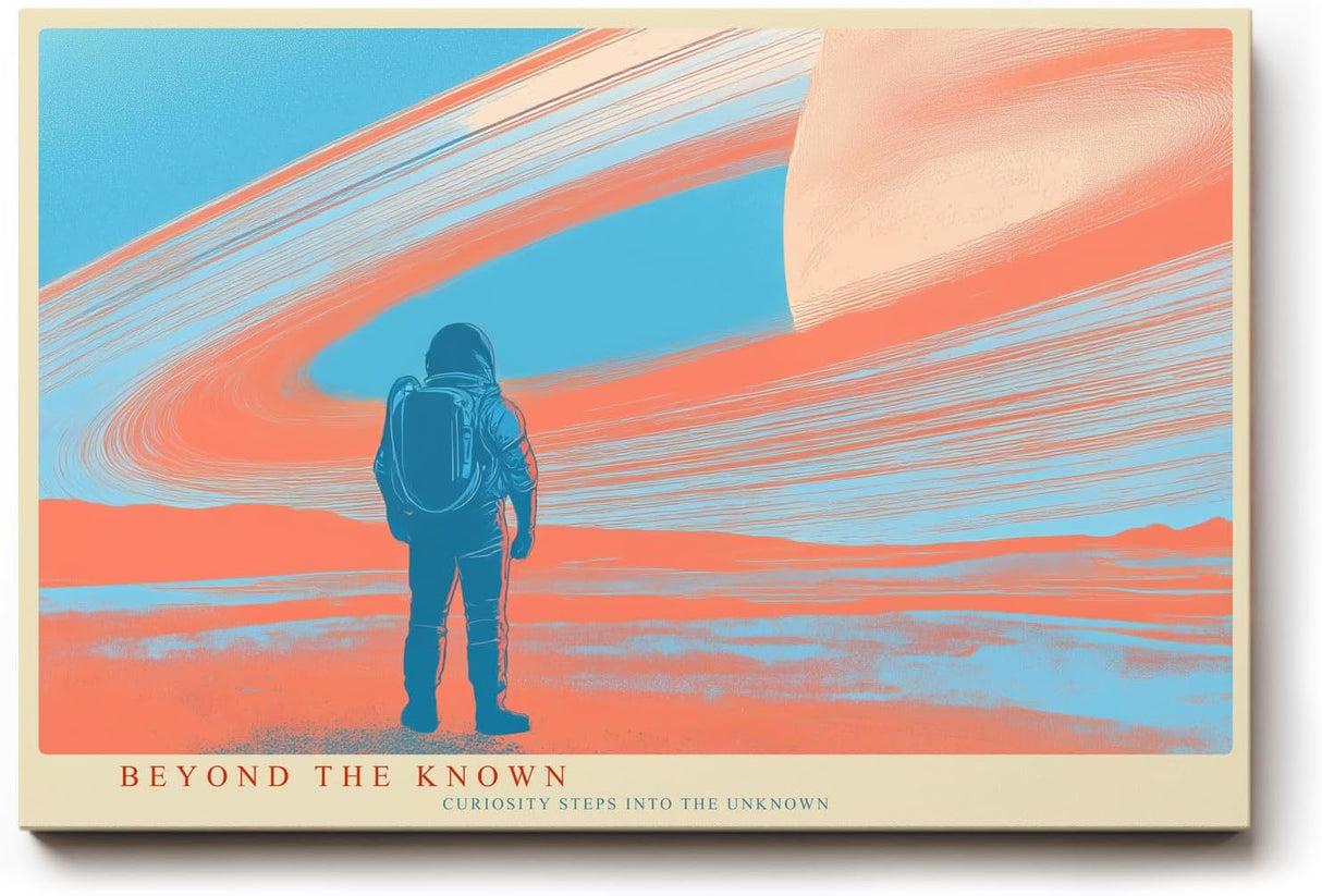 Paul Sinus Wandbild 120x80cm futurale Weltraum Landschaft Astronaut Planet Ringe moderne SciFi Kunst orange blau Kunstdruck