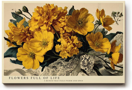 Paul Sinus Wandbild 120x80cm gelbe Blumen Stillleben Vintage Stil warmes Blumenmotiv Kunstdruck Poster grosse florale Wanddekoration fuer Wohnzimmer Büro