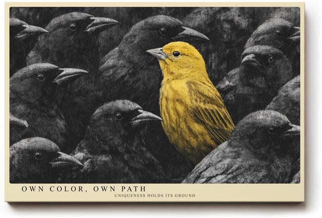 Paul Sinus Wandbild 120x80cm gelber Vogel in dunkler Gruppe moderne Tierkunst Kontrast Kunstdruck grosses Kunstbild inspirierende Wanddekoration fuer Wohnzimmer Büro