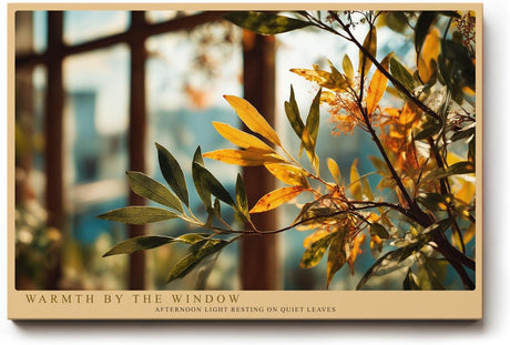 Paul Sinus Wandbild 120x80cm goldene Blaetter am Fenster warmes Sonnenlicht botanische Fotokunst natur Motiv moderne Wanddekoration fuer Wohnzimmer Büro