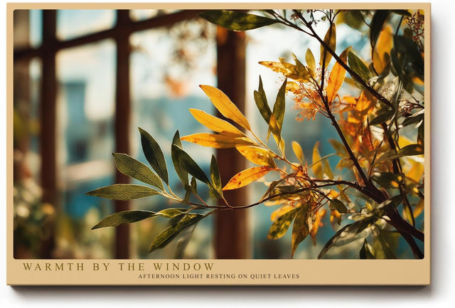 Paul Sinus Wandbild 120x80cm goldene Blaetter am Fenster warmes Sonnenlicht botanische Fotokunst natur Motiv moderne Wanddekoration fuer Wohnzimmer Büro
