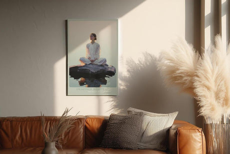 Paul Sinus Wandbild in 60x90cm Awakened Woman – Meditatives Porträt einer Frau im weißen Kleid, sitzend auf einem Felsen im Wasser bei Sonnenaufgang, moderne Bilder in sanften Farbtönen