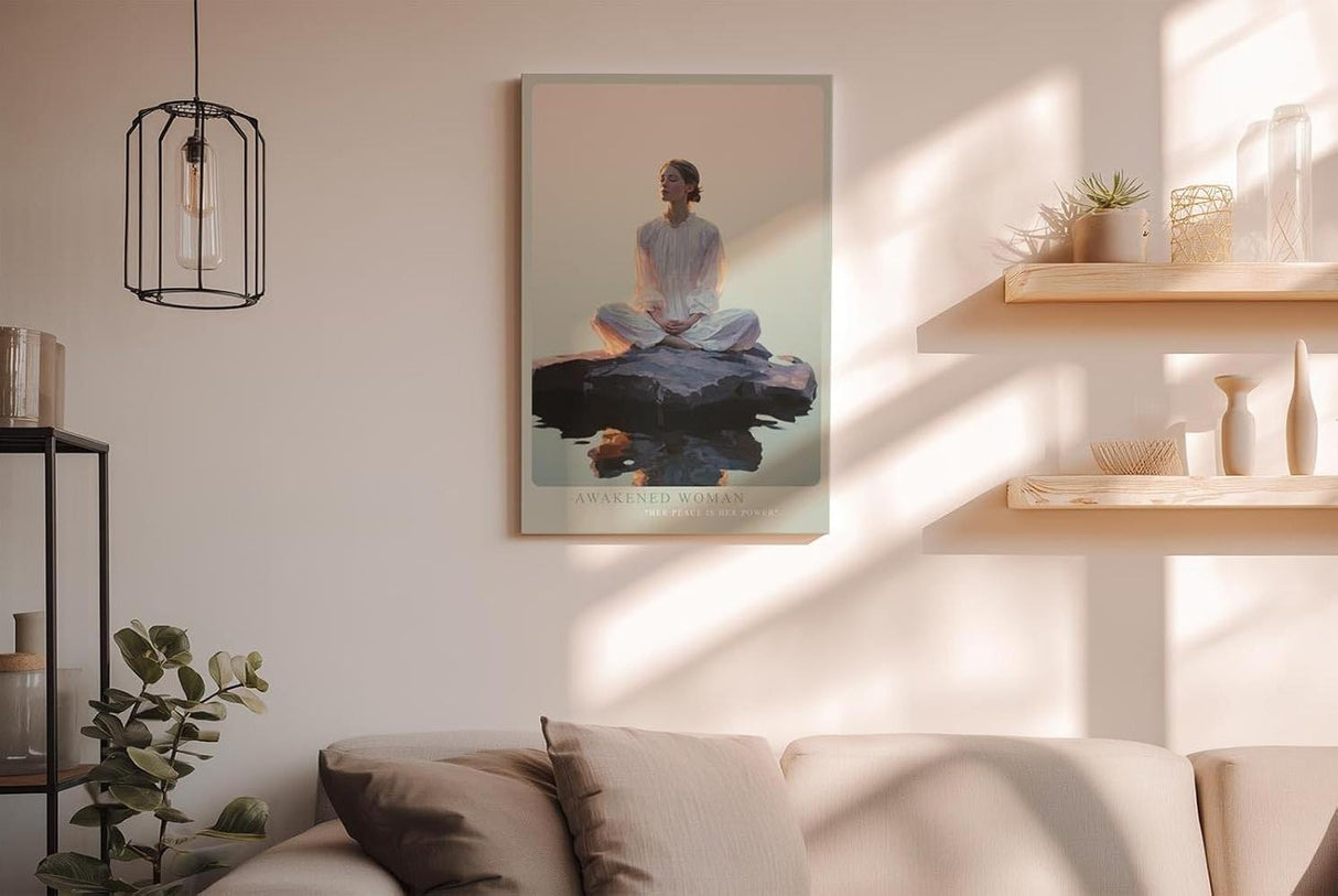 Paul Sinus Wandbild in 60x90cm Awakened Woman – Meditatives Porträt einer Frau im weißen Kleid, sitzend auf einem Felsen im Wasser bei Sonnenaufgang, moderne Bilder in sanften Farbtönen