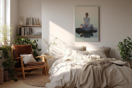 Paul Sinus Wandbild in 60x90cm Awakened Woman – Meditatives Porträt einer Frau im weißen Kleid, sitzend auf einem Felsen im Wasser bei Sonnenaufgang, moderne Bilder in sanften Farbtönen