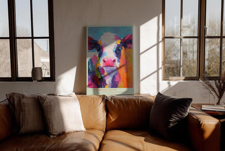 Paul Sinus Wandbild in 80x120cm Colorful Cutie – Buntes Kuh-Porträt im modernen Acrylstil, farbenfrohe Kunst für ein lebendiges Ambiente