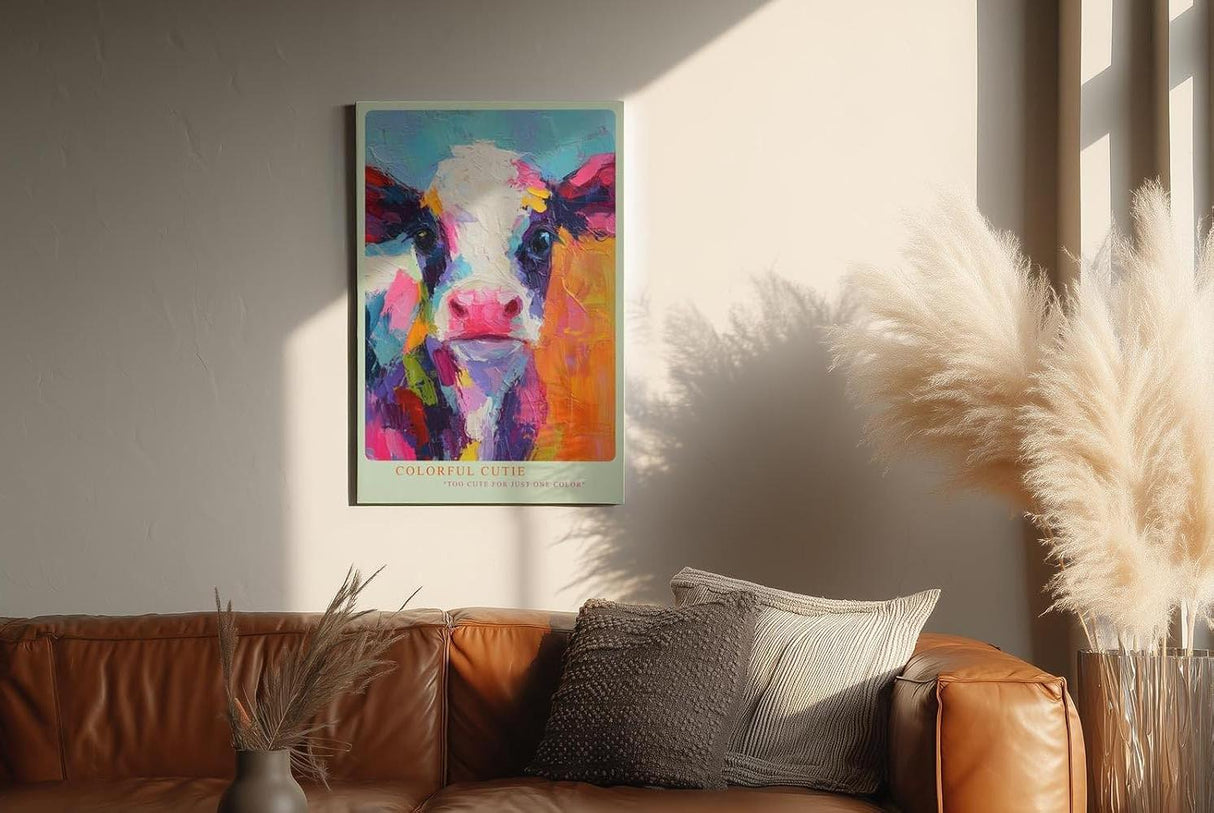 Paul Sinus Wandbild in 80x120cm Colorful Cutie – Buntes Kuh-Porträt im modernen Acrylstil, farbenfrohe Kunst für ein lebendiges Ambiente