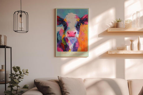 Paul Sinus Wandbild in 80x120cm Colorful Cutie – Buntes Kuh-Porträt im modernen Acrylstil, farbenfrohe Kunst für ein lebendiges Ambiente