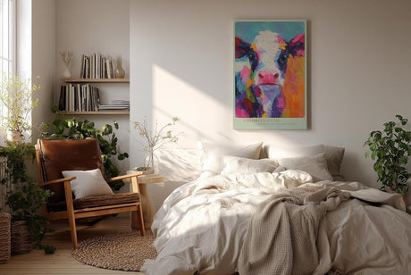 Paul Sinus Wandbild in 80x120cm Colorful Cutie – Buntes Kuh-Porträt im modernen Acrylstil, farbenfrohe Kunst für ein lebendiges Ambiente