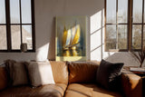 Paul Sinus Wandbild in 80x120cm Reflection Regatta – Goldene und weiße Segelboote in harmonischer Komposition auf spiegelndem Wasser