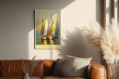 Paul Sinus Wandbild in 80x120cm Reflection Regatta – Goldene und weiße Segelboote in harmonischer Komposition auf spiegelndem Wasser