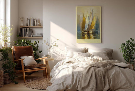 Paul Sinus Wandbild in 80x120cm Reflection Regatta – Goldene und weiße Segelboote in harmonischer Komposition auf spiegelndem Wasser