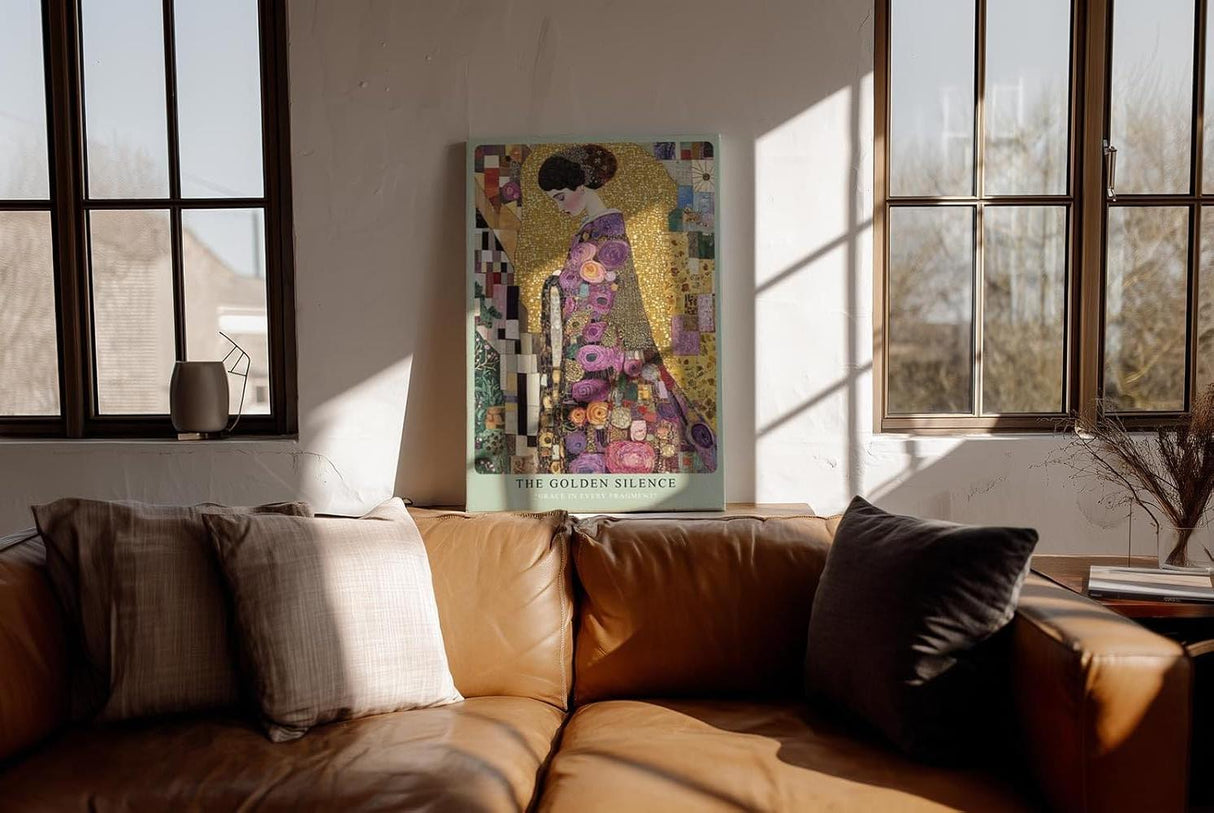Paul Sinus Wandbild in 80x120cm The Golden Silence – kunstvolles Porträt im goldenen Mosaikstil mit floralen Ornamenten für stilvolle Raumgestaltung