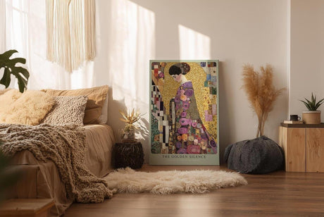 Paul Sinus Wandbild in 80x120cm The Golden Silence – kunstvolles Porträt im goldenen Mosaikstil mit floralen Ornamenten für stilvolle Raumgestaltung