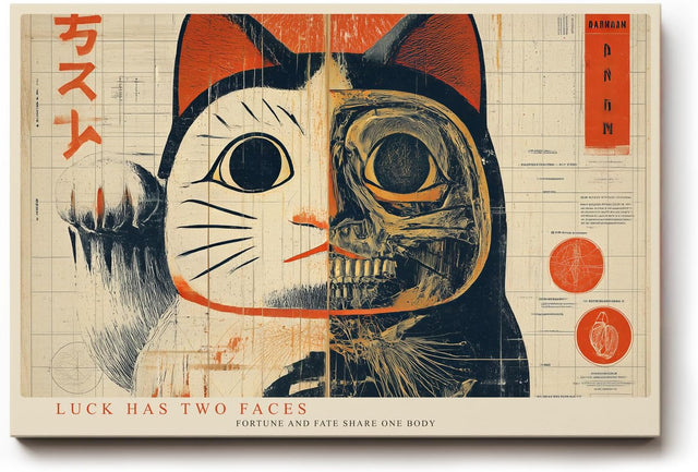 Paul Sinus Wandbild 120x80cm japanische Glueckskatze modern halb Katze halb Skelett abstrakte Illustration rot beige asiatische Kunst Leinwand Wanddekoration fuer Wohnzimmer Büro