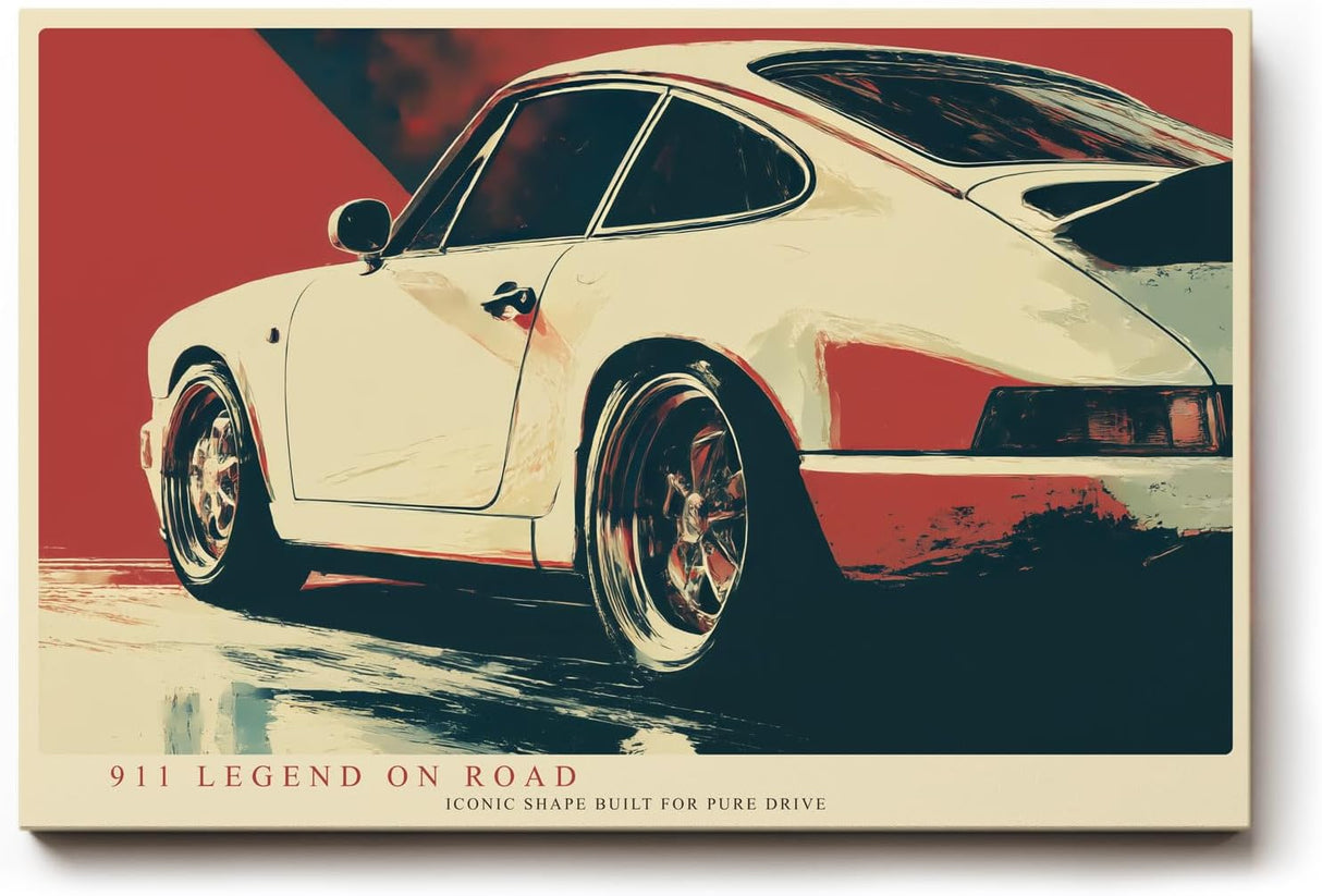 Paul Sinus Wandbild 120x80cm klassischer Sportwagen 911 Retro Auto Kunst moderne Illustration roter Hintergrund Kunstdruck stilvolle Wanddekoration fuer Wohnzimmer Büro Garage