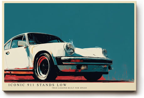 Paul Sinus Wandbild 120x80cm klassischer Sportwagen 911 Retro Illustration stilvolle Auto Kunst in creme rot blau modernes Poster Bild fuer Wohnzimmer Büro Garage Wanddekoration
