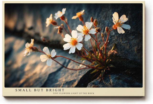 Paul Sinus Wandbild 120x80cm kleine weisse Blumen auf Felsen Naturfotografie warmes Sonnenlicht botanisches Naturmotiv stilvolle Wanddekoration fuer Wohnzimmer Büro