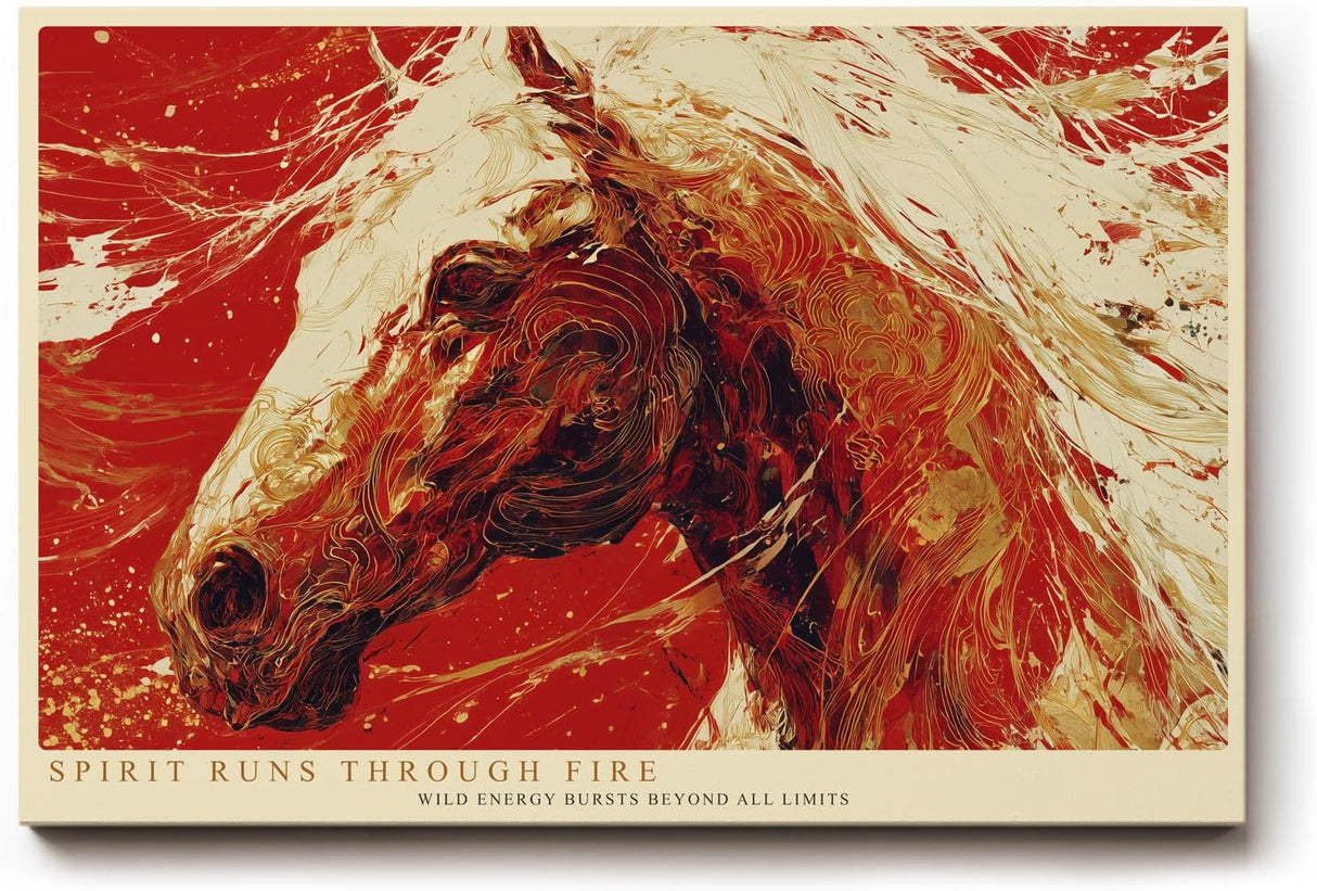 Paul Sinus Wandbild 120x80cm kraftvolles Pferd abstrakte Kunst rot weiss dynamische Bewegung modernes Kunstbild grosse Wanddekoration fuer Wohnzimmer Büro